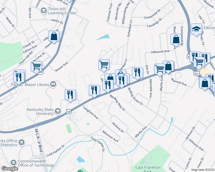 map of restaurants, bars, coffee shops, grocery stores, and more near 109 Allnutt Drive in Frankfort