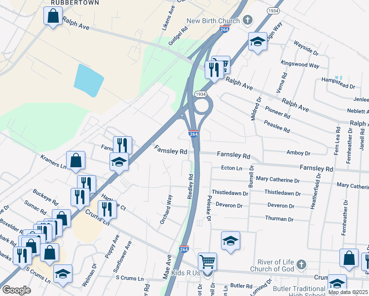 map of restaurants, bars, coffee shops, grocery stores, and more near 2403 Farnsley Road in Louisville