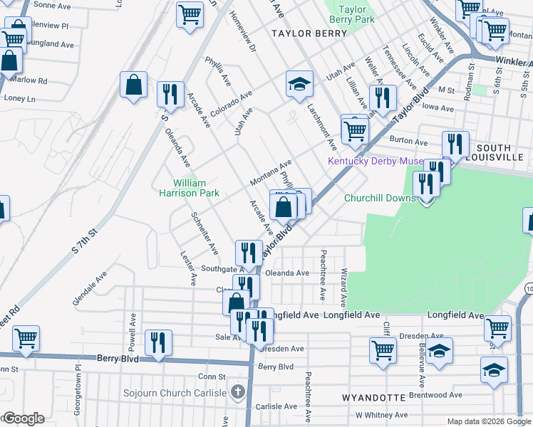 map of restaurants, bars, coffee shops, grocery stores, and more near 1237 Arcade Avenue in Louisville