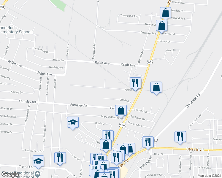 map of restaurants, bars, coffee shops, grocery stores, and more near 1842 Appleton Lane in Louisville