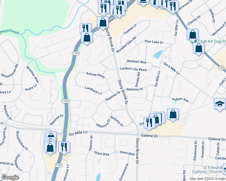 map of restaurants, bars, coffee shops, grocery stores, and more near 2909 Antone Pkwy in Louisville
