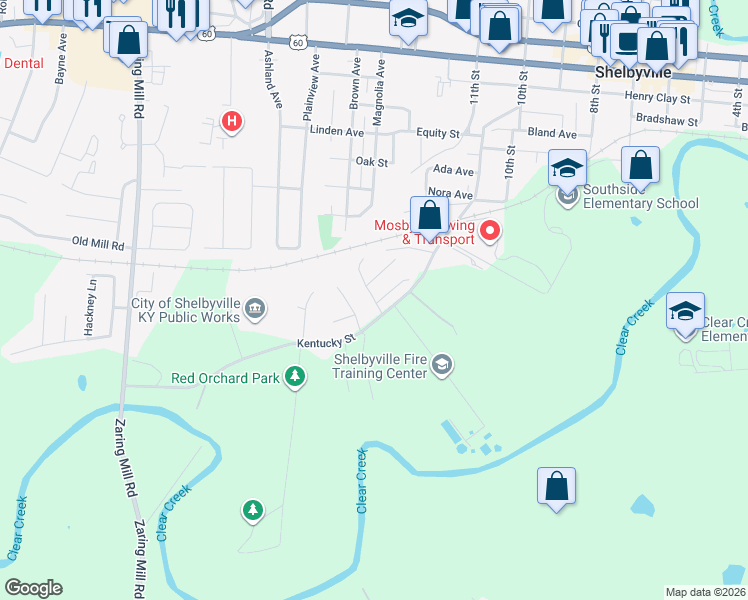 map of restaurants, bars, coffee shops, grocery stores, and more near 144 Aspen Way in Shelbyville