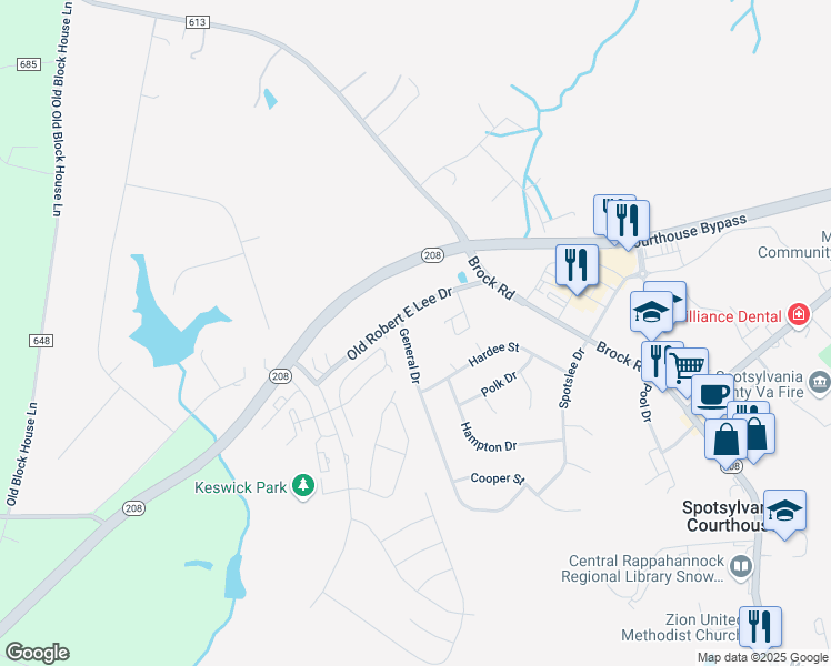 map of restaurants, bars, coffee shops, grocery stores, and more near 305 General Drive in Spotsylvania