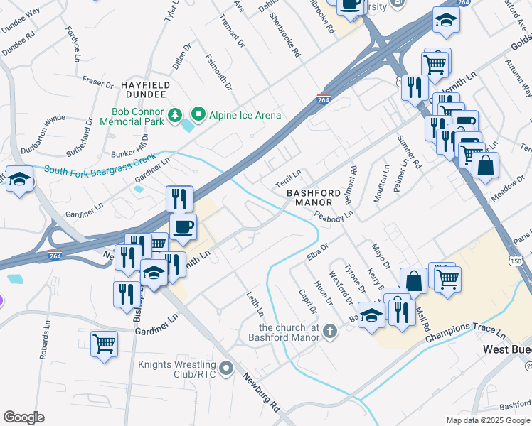 map of restaurants, bars, coffee shops, grocery stores, and more near 3206 Golden Turtle Circle in Louisville