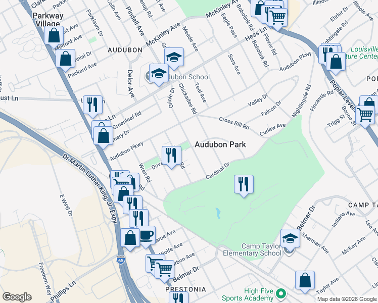 map of restaurants, bars, coffee shops, grocery stores, and more near 3300 Oriole Drive in Louisville