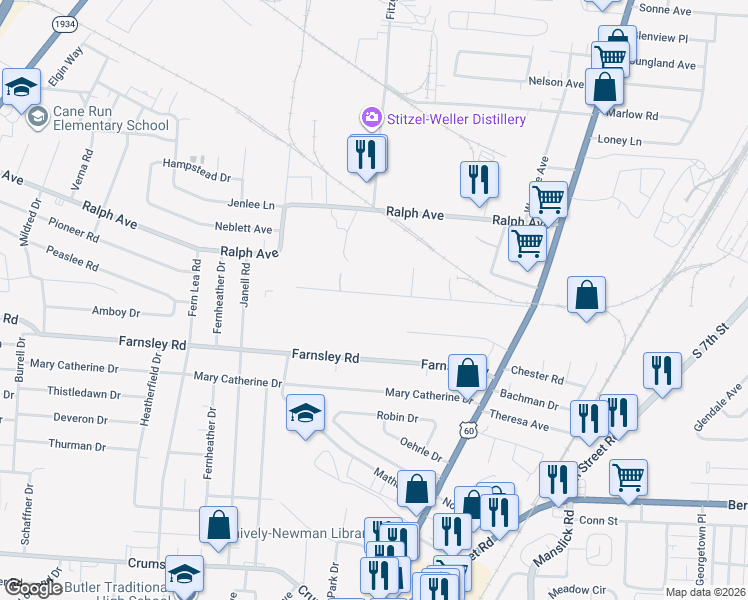 map of restaurants, bars, coffee shops, grocery stores, and more near 2016 Appleton Lane in Shively