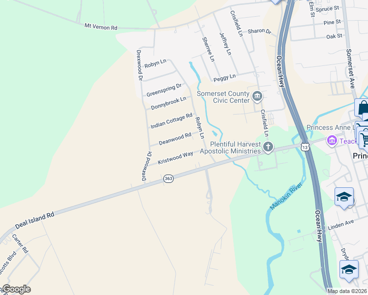 map of restaurants, bars, coffee shops, grocery stores, and more near 30080 Kristwood Way in Princess Anne