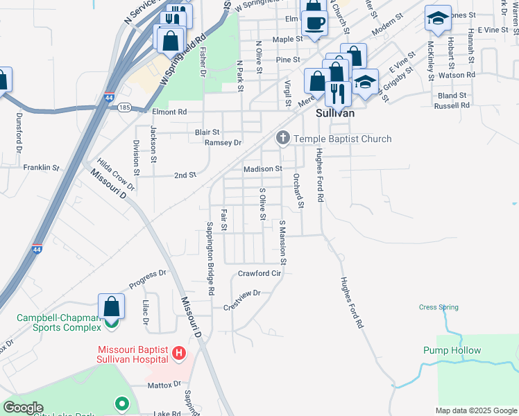map of restaurants, bars, coffee shops, grocery stores, and more near 303 South Olive Street in Sullivan