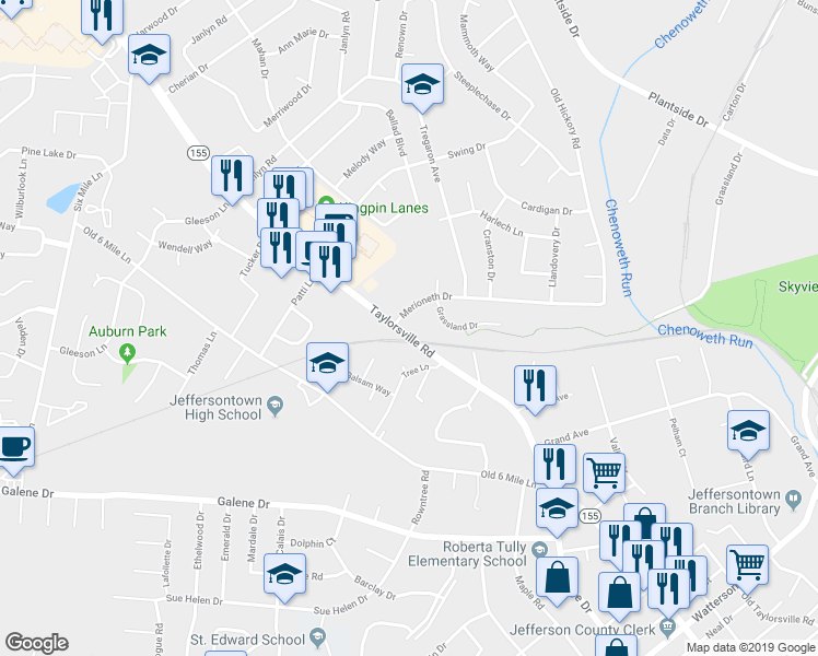 map of restaurants, bars, coffee shops, grocery stores, and more near 9715 Taylorsville Rd in Jeffersontown