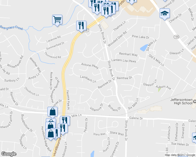 map of restaurants, bars, coffee shops, grocery stores, and more near 8711 Lambach Lane in Louisville