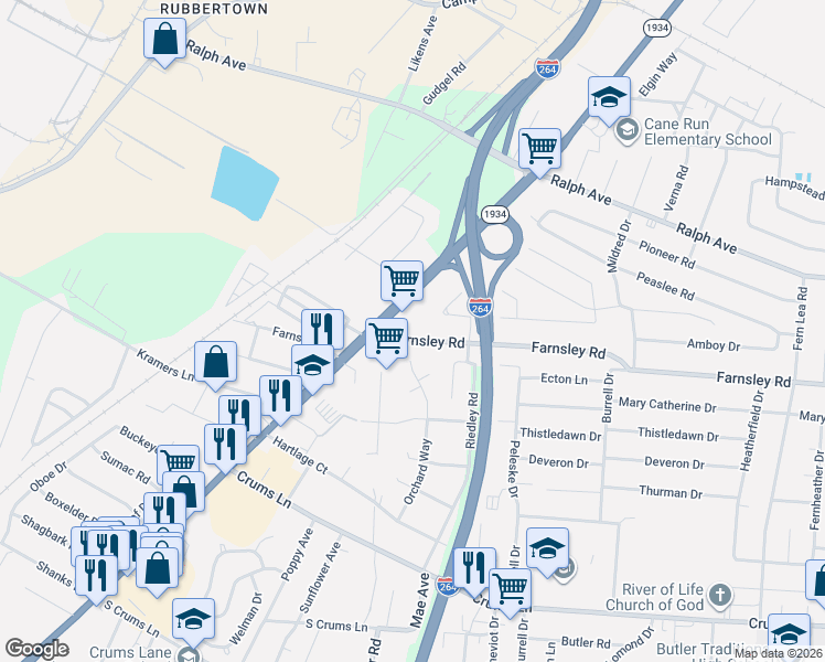 map of restaurants, bars, coffee shops, grocery stores, and more near 2417 Farnsley Road in Louisville