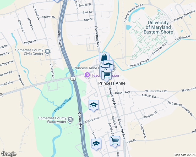 map of restaurants, bars, coffee shops, grocery stores, and more near 30485 Prince William Street in Princess Anne