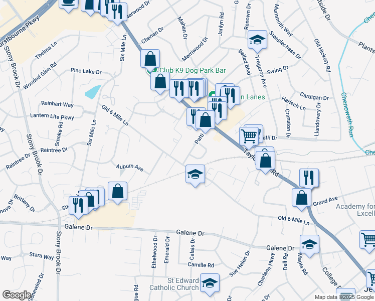 map of restaurants, bars, coffee shops, grocery stores, and more near 2908 Patti Lane in Louisville