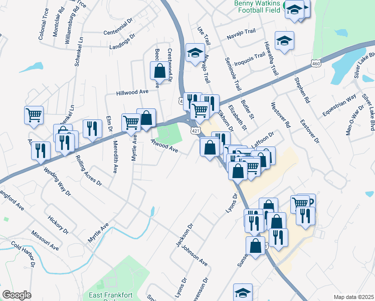 map of restaurants, bars, coffee shops, grocery stores, and more near 136 Greenhill Avenue in Frankfort