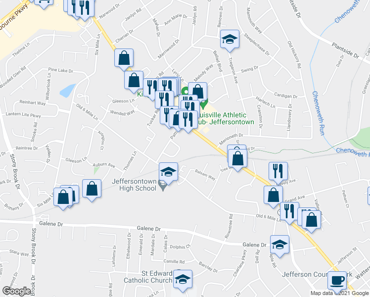map of restaurants, bars, coffee shops, grocery stores, and more near 9609 Glenawyn Circle in Louisville