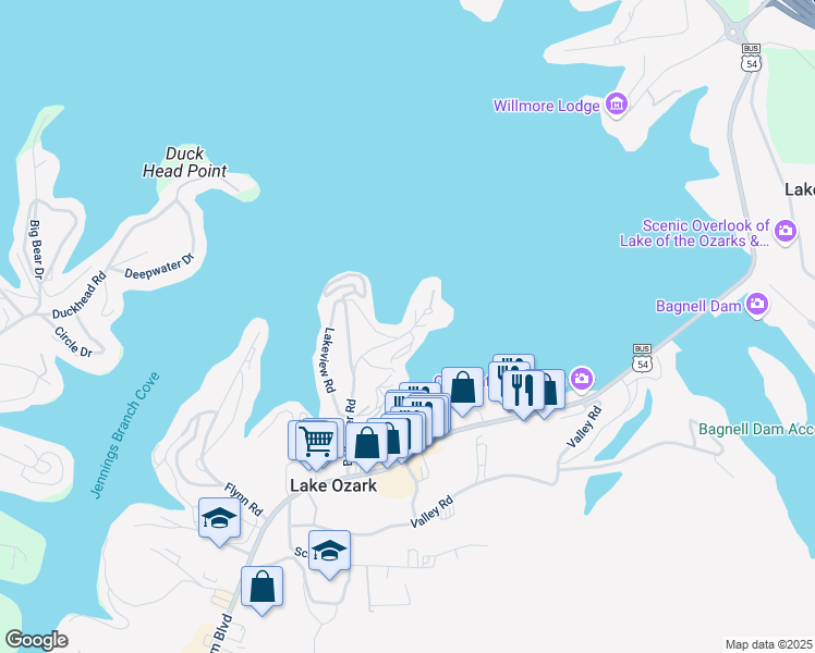 map of restaurants, bars, coffee shops, grocery stores, and more near 313 Thornsberry Road in Lake Ozark