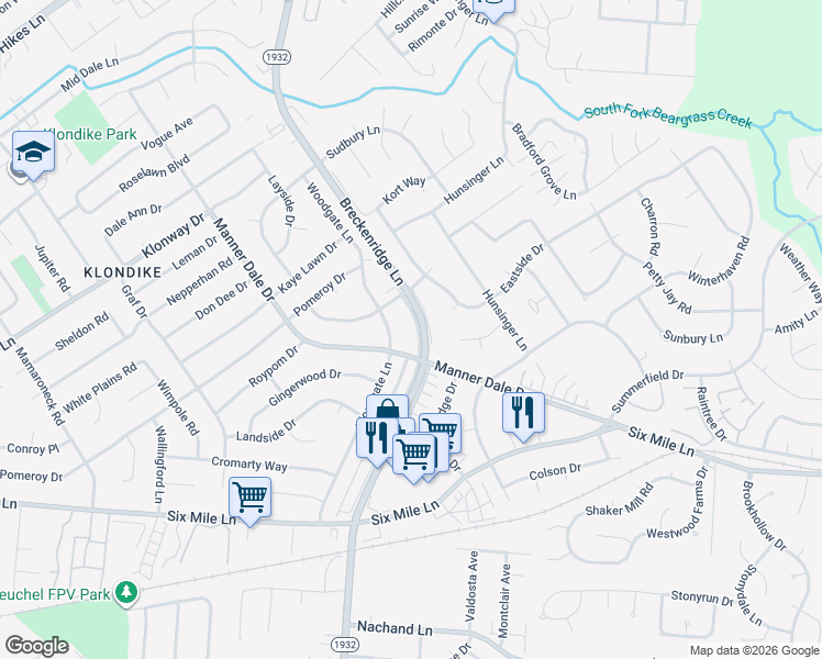 map of restaurants, bars, coffee shops, grocery stores, and more near 3316 Breckenridge Lane in Louisville