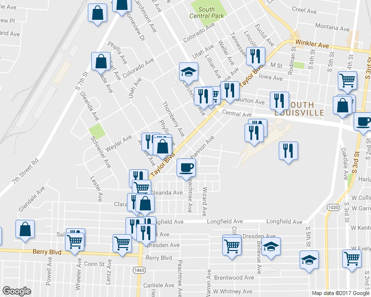 map of restaurants, bars, coffee shops, grocery stores, and more near 3241 Taylor Boulevard in Louisville