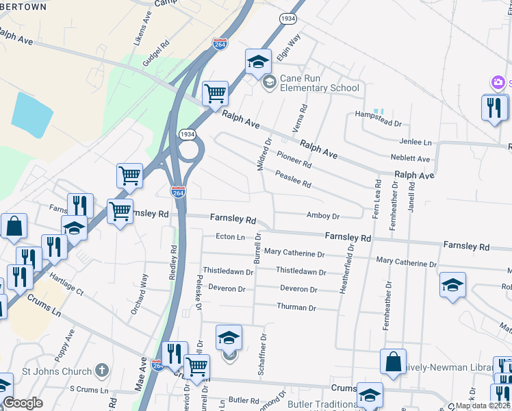 map of restaurants, bars, coffee shops, grocery stores, and more near 2306 Strotman Road in Louisville