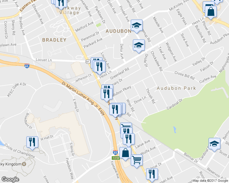 map of restaurants, bars, coffee shops, grocery stores, and more near 915 Audubon Parkway in Louisville