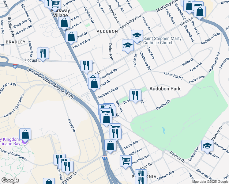 map of restaurants, bars, coffee shops, grocery stores, and more near 924 Audubon Parkway in Audubon Park