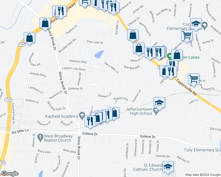 map of restaurants, bars, coffee shops, grocery stores, and more near 2914 Gleeson Lane in Louisville