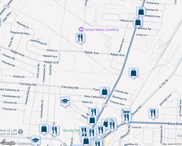 map of restaurants, bars, coffee shops, grocery stores, and more near Appleton Lane in Louisville
