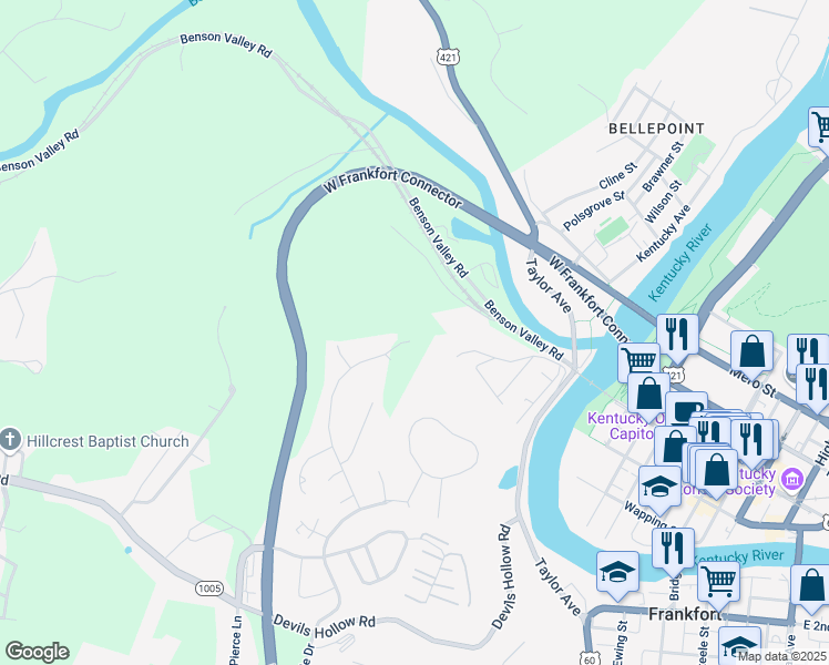 map of restaurants, bars, coffee shops, grocery stores, and more near 313 Signal Ridge Road in Frankfort
