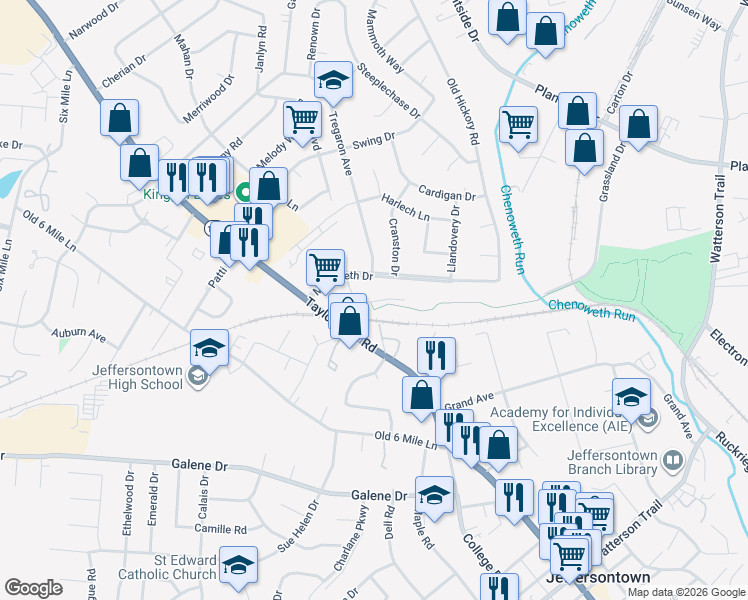 map of restaurants, bars, coffee shops, grocery stores, and more near 10001 Grassland Drive in Louisville