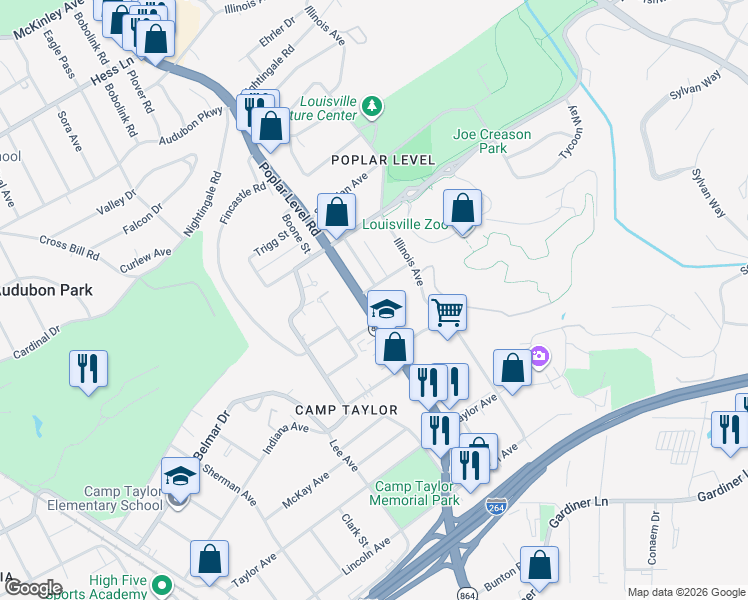 map of restaurants, bars, coffee shops, grocery stores, and more near in Louisville