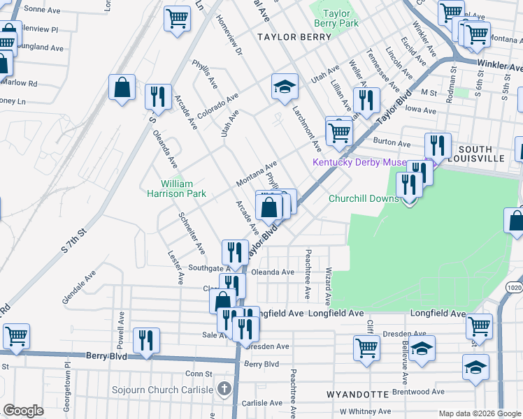 map of restaurants, bars, coffee shops, grocery stores, and more near 1237 Arcade Avenue in Louisville