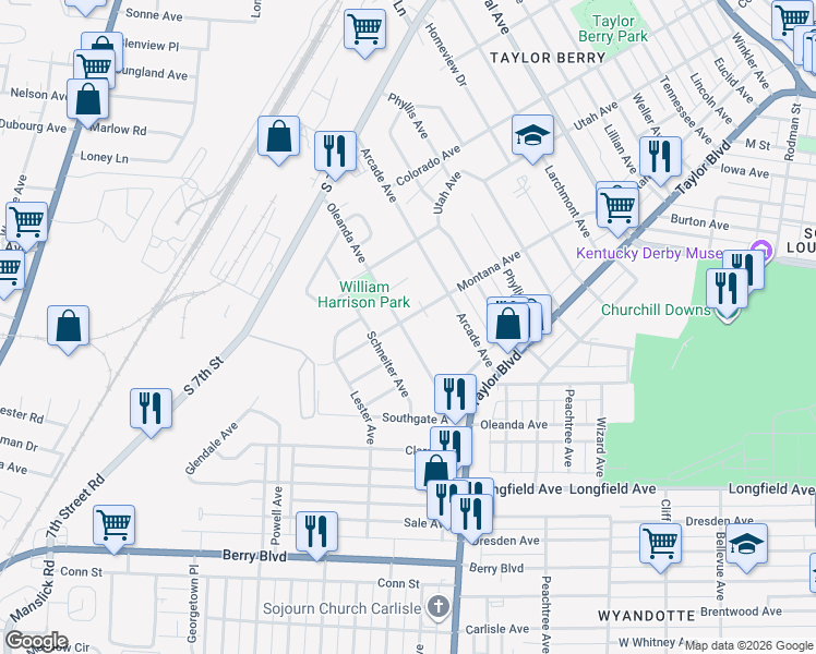 map of restaurants, bars, coffee shops, grocery stores, and more near 1310 Weyler Avenue in Louisville