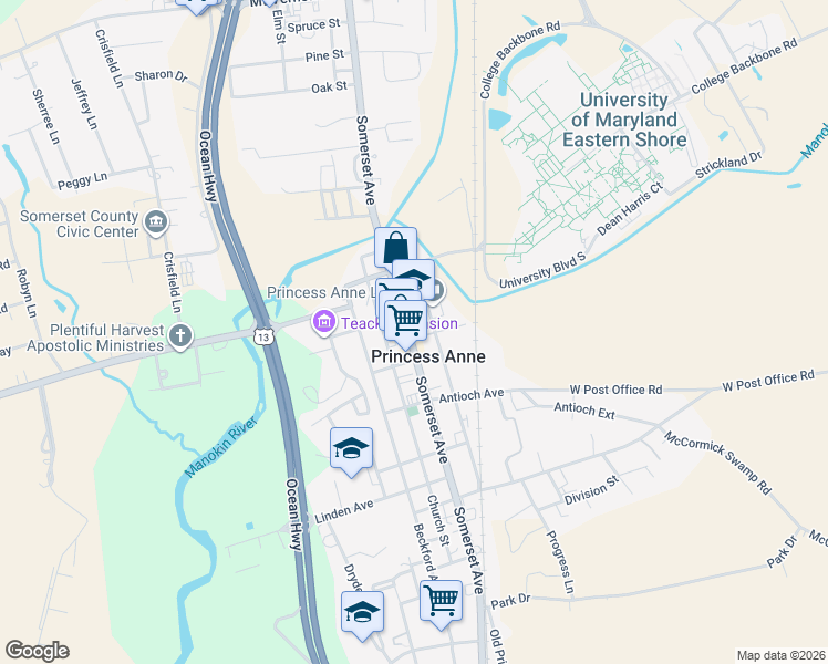 map of restaurants, bars, coffee shops, grocery stores, and more near 11739 Somerset Avenue in Princess Anne
