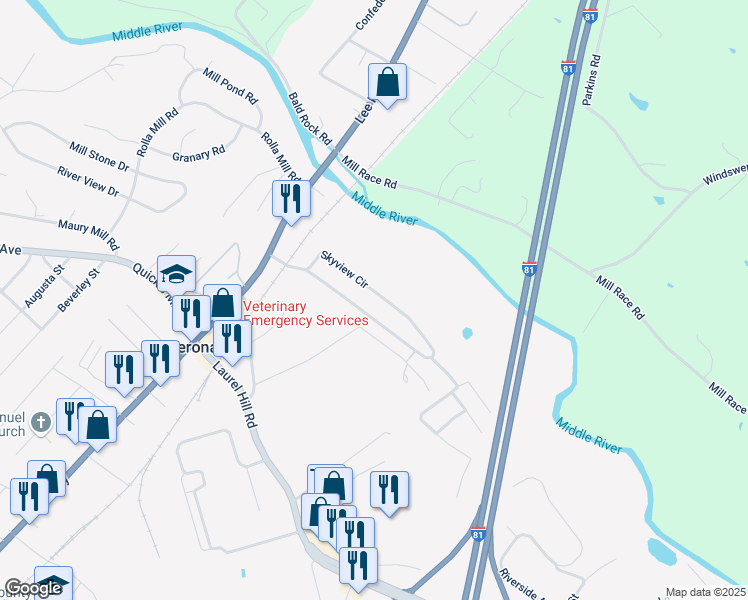 map of restaurants, bars, coffee shops, grocery stores, and more near 264 Skyview Circle in Verona