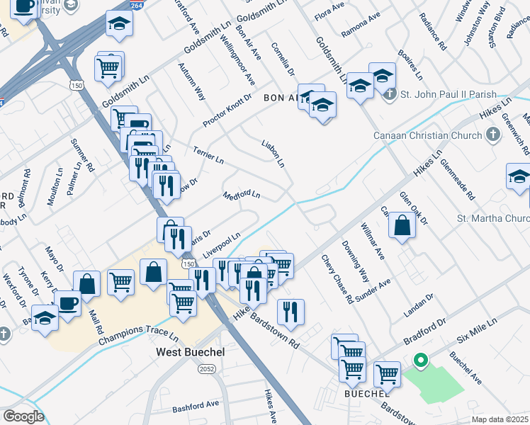 map of restaurants, bars, coffee shops, grocery stores, and more near 2245 Paris Drive in Louisville