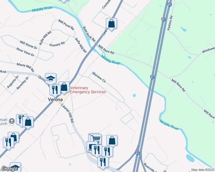map of restaurants, bars, coffee shops, grocery stores, and more near 264 Skyview Circle in Verona