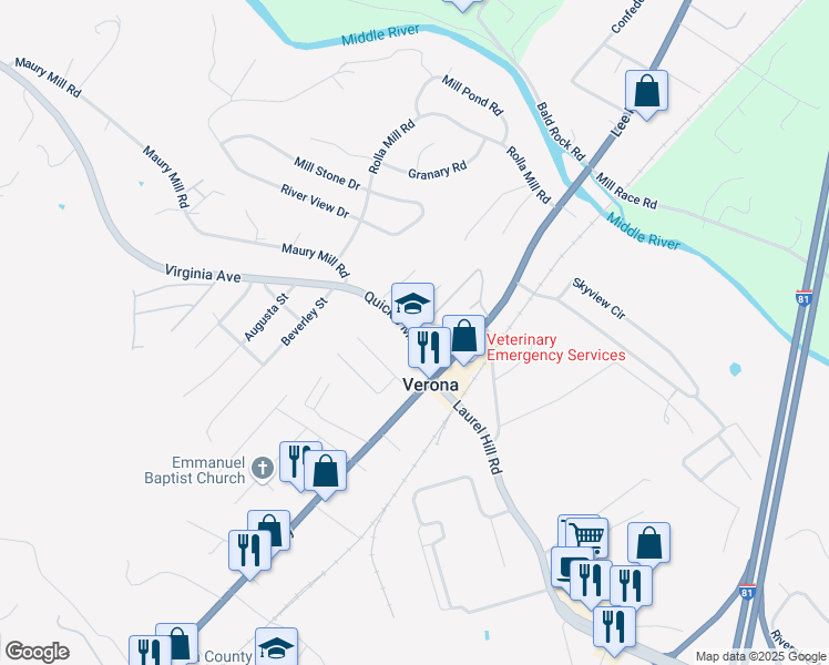 map of restaurants, bars, coffee shops, grocery stores, and more near 43 Quick's Mill Road in Verona