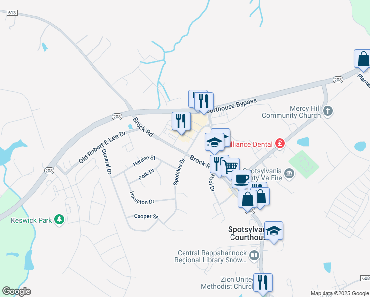 map of restaurants, bars, coffee shops, grocery stores, and more near 9001 John Myer Street in Spotsylvania Courthouse