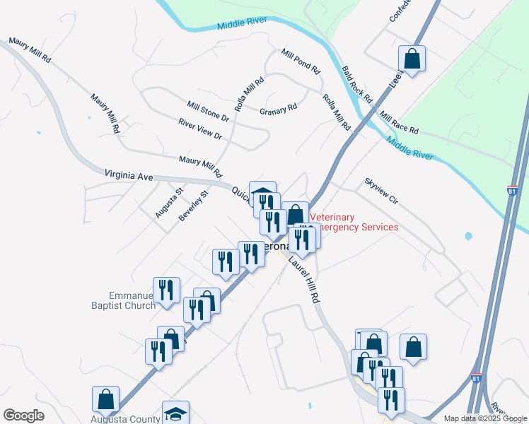 map of restaurants, bars, coffee shops, grocery stores, and more near 43 Quick's Mill Road in Verona