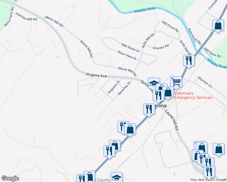 map of restaurants, bars, coffee shops, grocery stores, and more near 50 Augusta Street in Verona