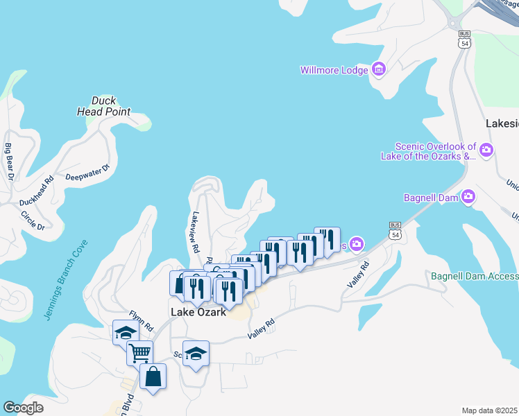 map of restaurants, bars, coffee shops, grocery stores, and more near 313 Thornsberry Road in Lake Ozark