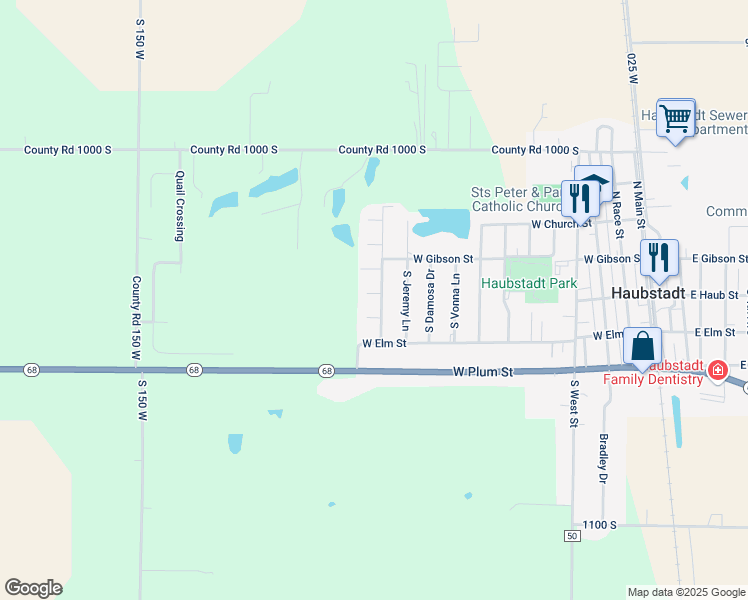 map of restaurants, bars, coffee shops, grocery stores, and more near 1004 Monica Court in Haubstadt