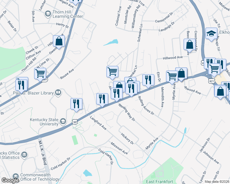 map of restaurants, bars, coffee shops, grocery stores, and more near 109 Allnutt Drive in Frankfort