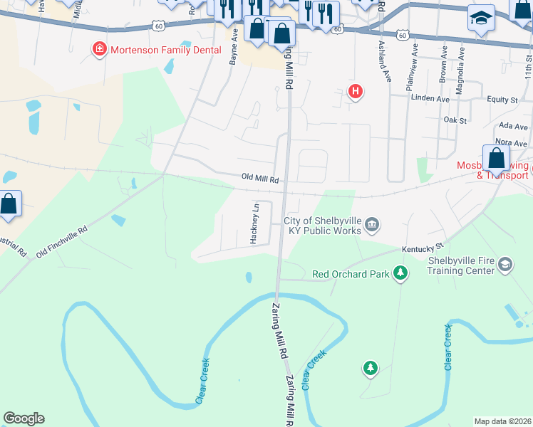map of restaurants, bars, coffee shops, grocery stores, and more near 825 Hackney Lane in Shelbyville