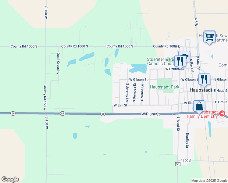 map of restaurants, bars, coffee shops, grocery stores, and more near 1004 Monica Court in Haubstadt