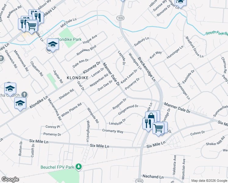 map of restaurants, bars, coffee shops, grocery stores, and more near 3123 Pomeroy Drive in Louisville
