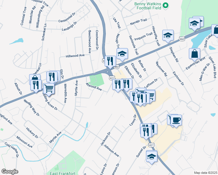 map of restaurants, bars, coffee shops, grocery stores, and more near 136 Greenhill Avenue in Frankfort