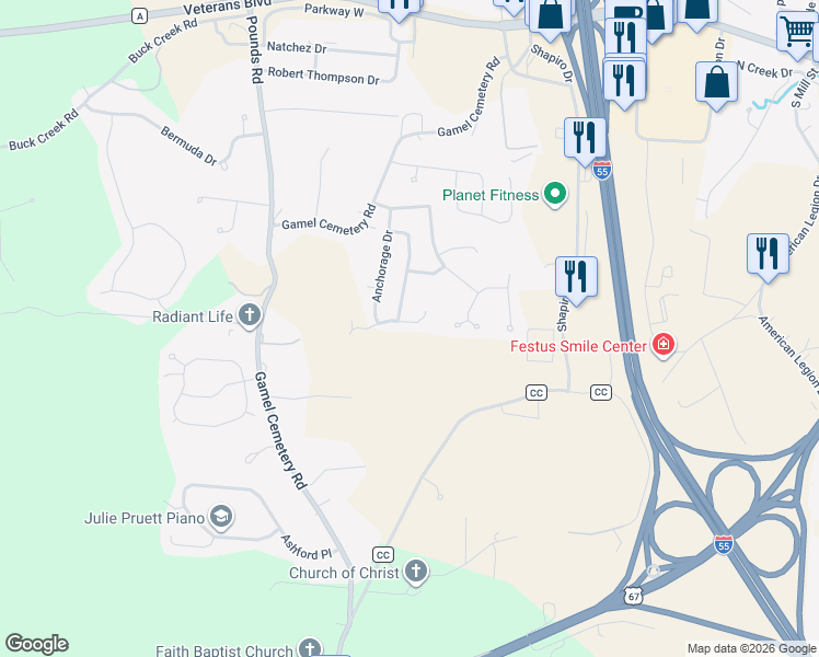 map of restaurants, bars, coffee shops, grocery stores, and more near 1426 Moose Pass in Festus
