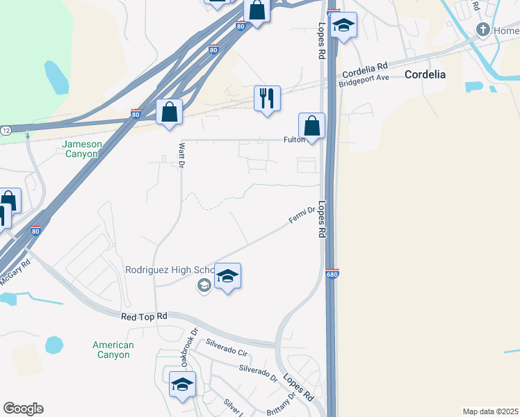 map of restaurants, bars, coffee shops, grocery stores, and more near 5191 Fermi Drive in Fairfield