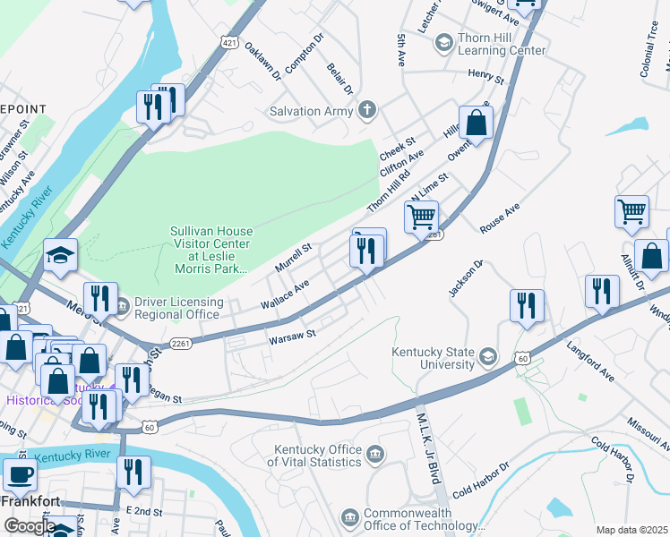 map of restaurants, bars, coffee shops, grocery stores, and more near 201 Collins Street in Frankfort